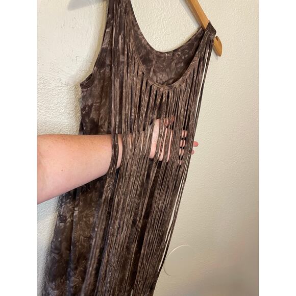 Y2K Boho Brown Tie Dye Scoop Neck Tank Top W/ Long Fringe Detailing Small - Picture 2 of 10
